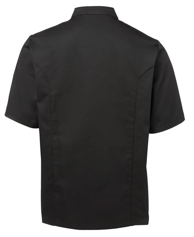 A black short-sleeve chef's jacket with a classic collar and a branded logo on the back.