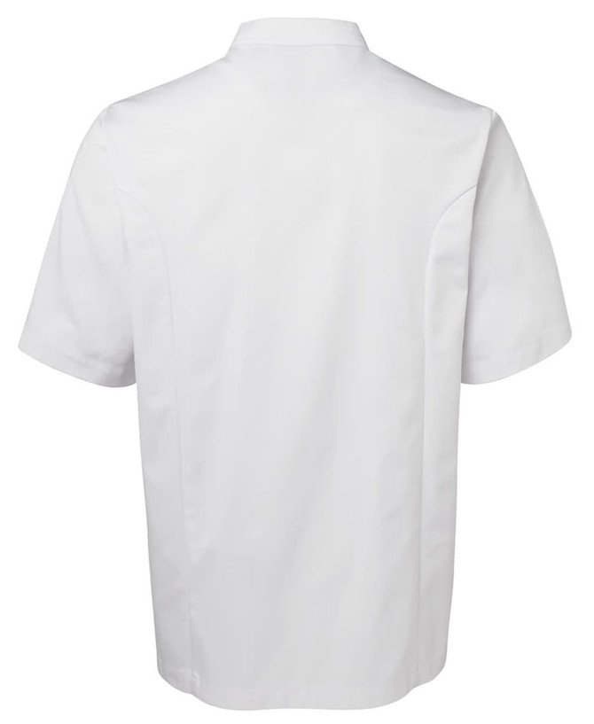 A short-sleeved chef's jacket in white, featuring a simple design and a classic collar, with a logo on the left side.