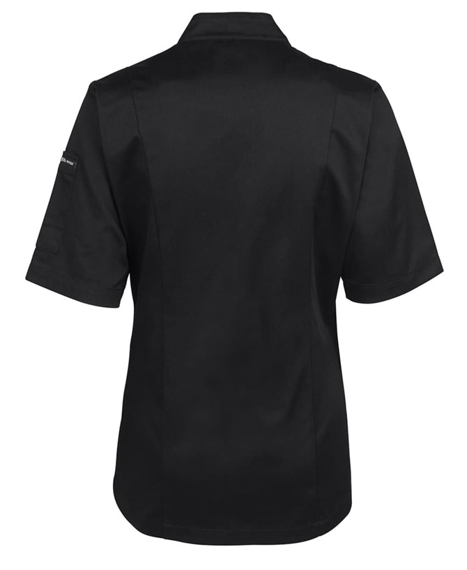 A black short-sleeved chef's jacket featuring a logo, designed for women's wear.
