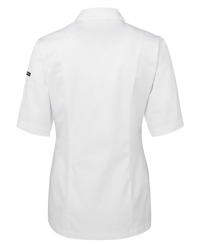 A white short-sleeved chef's jacket with a back view, featuring a logo on one sleeve.