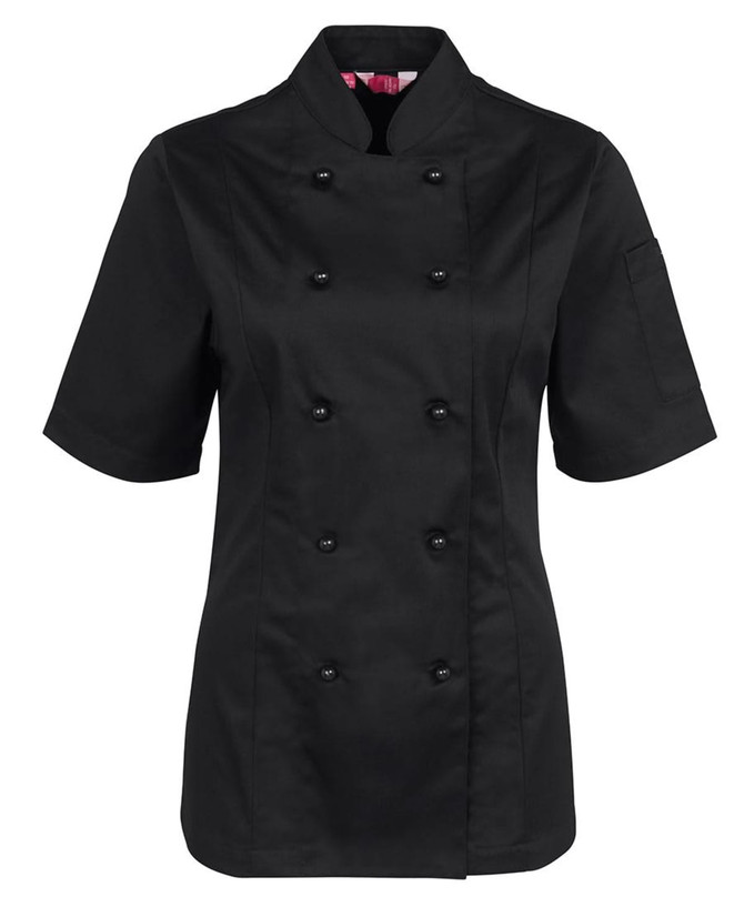 A black ladies short-sleeved chef's jacket with double-breasted button closure and a side pocket.