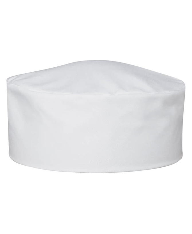 A white chef's cap with a rounded top, featuring a logo on the front.