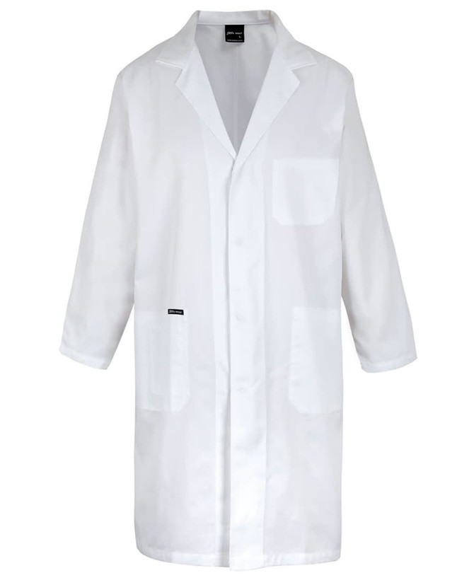 A white lab coat with long sleeves, featuring a pocket and a branded logo.