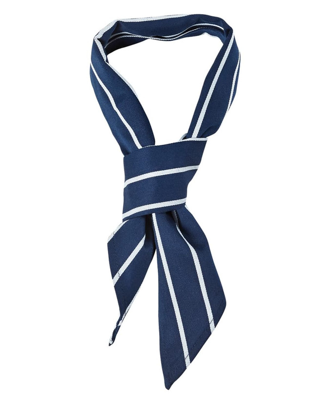 A navy blue scarf with white stripes, featuring a tied design and a logo.