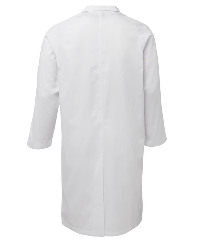 A white lab coat with a back view, featuring long sleeves and a simple design. It has a branding logo visible.