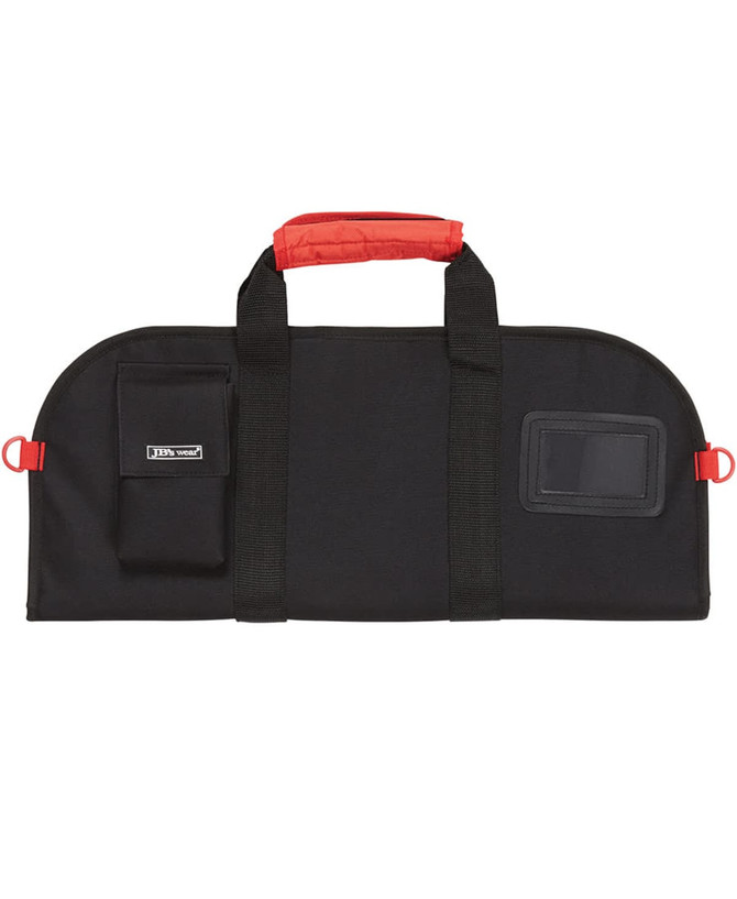 A black and red chef's knife bag featuring dual handles and a small pocket, with a logo on the side.