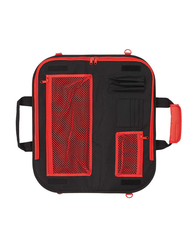 A chef's knife bag in black and red featuring multiple compartments and pockets for storage.