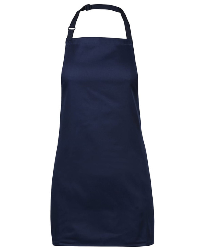 A navy blue apron with a simple design and an adjustable neck strap, featuring a branding logo.