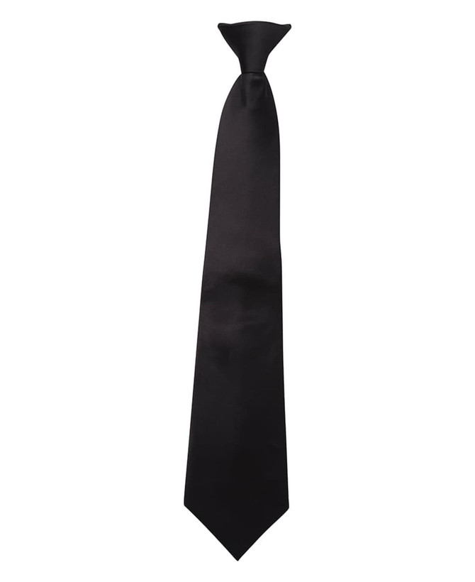 A black clip-on tie with a smooth finish, suitable for formal or casual occasions.