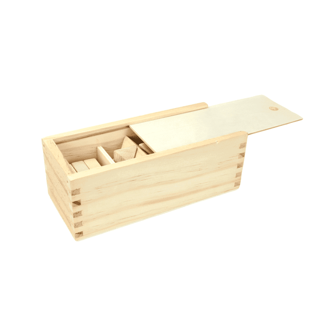 A wooden box containing three brain teaser puzzles, featuring natural wood tones and a sliding lid.