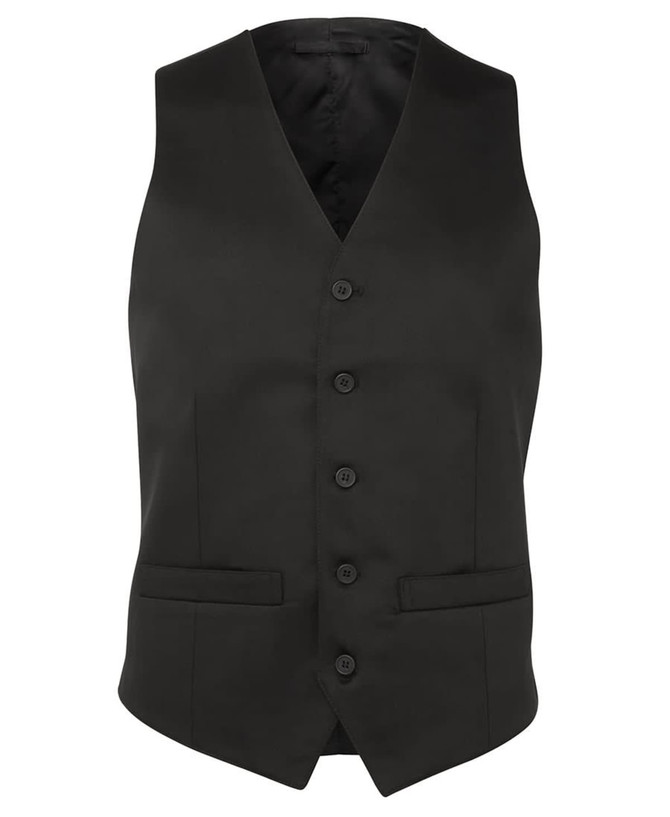 A black sleeveless vest with a v-neck, featuring buttons and front pockets, and a logo on the interior.