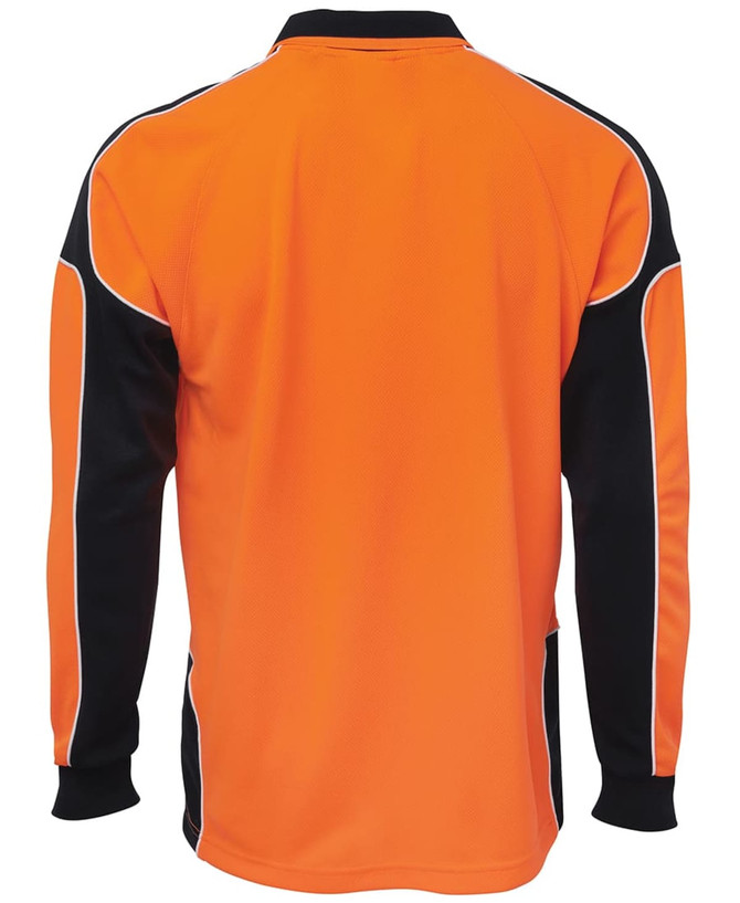 An orange long-sleeved polo shirt with black side panels and a logo on the front.