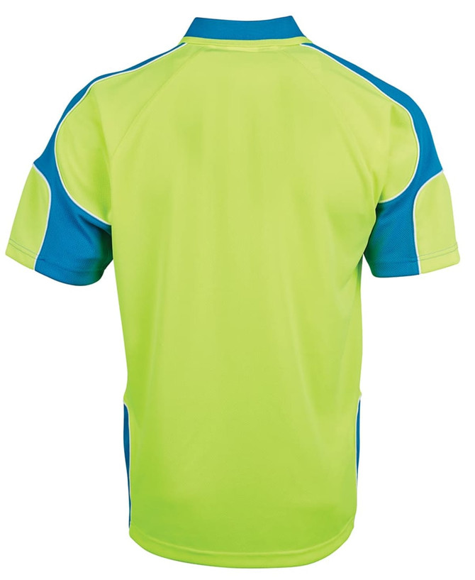 A short-sleeved polo shirt in bright lime green with blue arm panels and a logo.