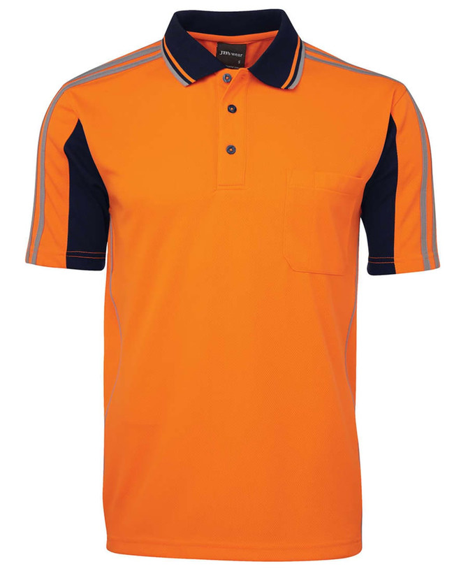 An orange and navy polo shirt with a collar, short sleeves, and a chest pocket. It features contrasting stripes.