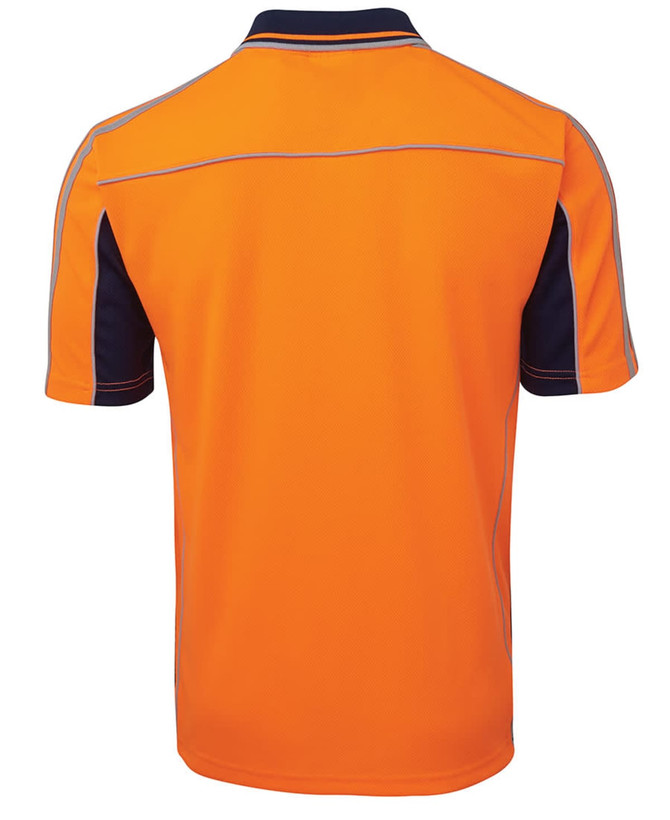 An orange and navy polo shirt featuring short sleeves and a logo, designed for workwear.