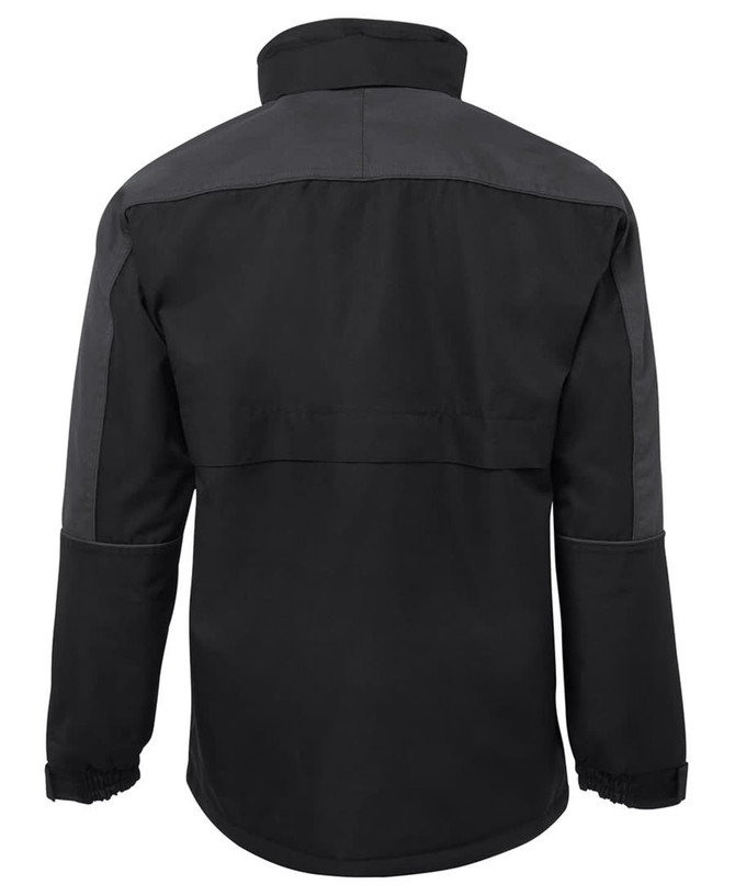 A rain jacket in black and charcoal with a simple design and a logo on the back.