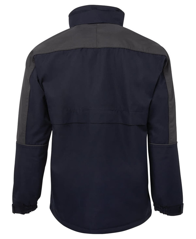 A black and charcoal rain jacket featuring a high collar and elastic cuffs, with a logo on the back.