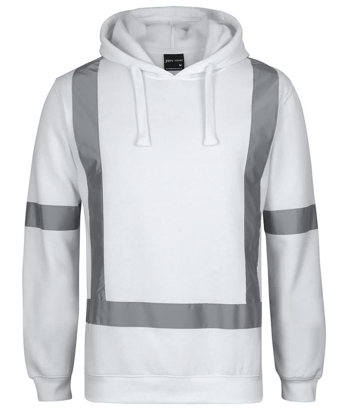 A white fleece hoodie featuring reflective tape details and a front pocket, with a logo on the label.