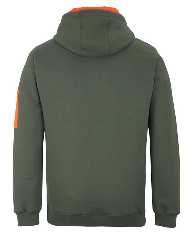 A green hoodie with an orange accent on the sleeve, featuring a hood and a branded logo.