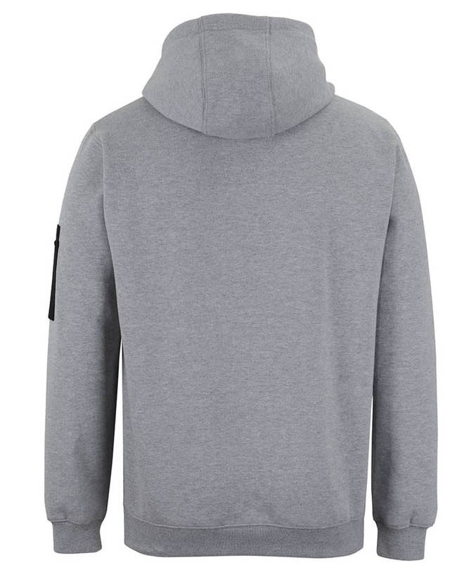 A grey hoodie with a hood and long sleeves, featuring a side pocket and a branding logo.