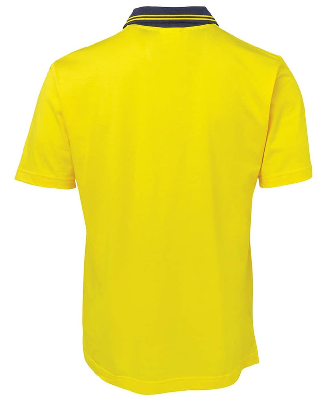 A yellow short-sleeved cotton polo shirt with a contrasting collar and a logo on the back.