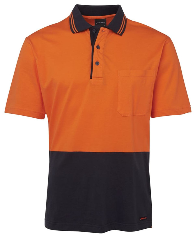An orange and navy cotton polo shirt featuring a collar, buttons, and a pocket, with a logo.