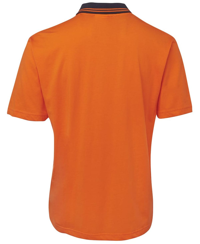 An orange polo shirt featuring a contrasting collar, designed for workwear with a logo present.