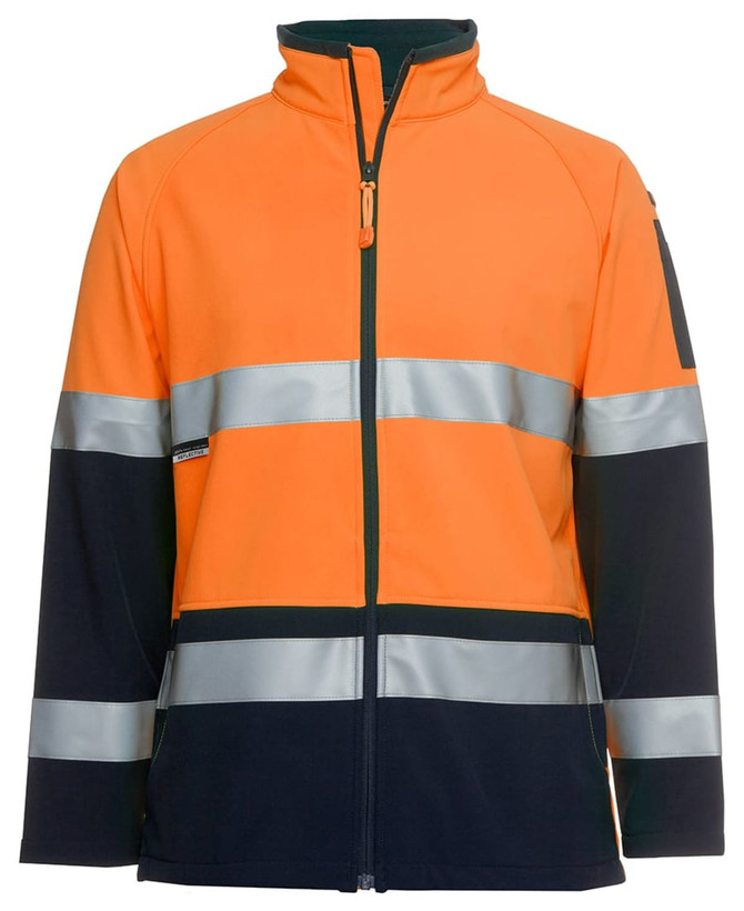 A softshell jacket featuring an orange upper body and black lower section, with reflective silver bands and a logo.
