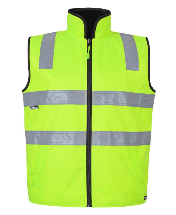 High-visibility vest in bright yellow with reflective stripes and a front zip. Features a zippered collar and pockets.