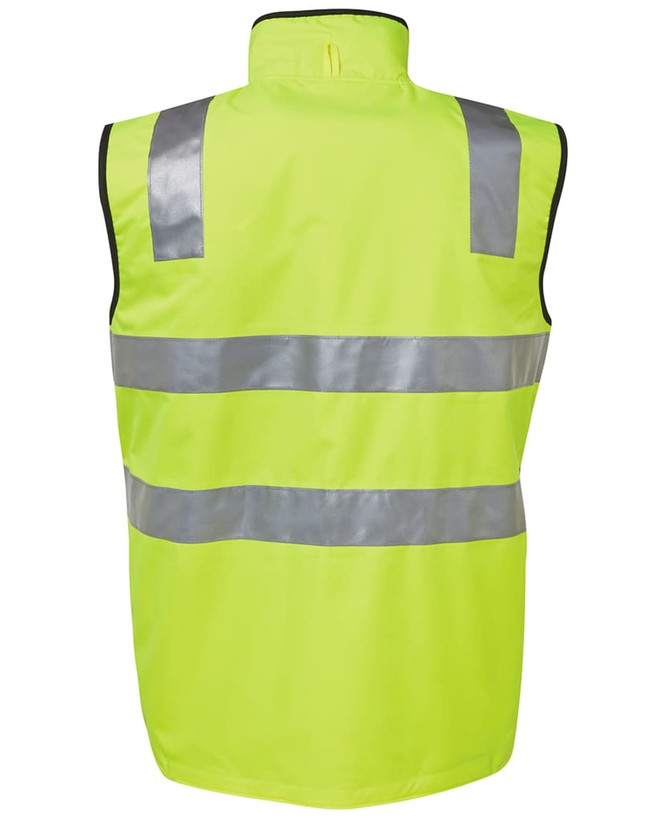 A high-visibility safety vest in bright yellow with reflective stripes. It features a sleeveless design and a logo.