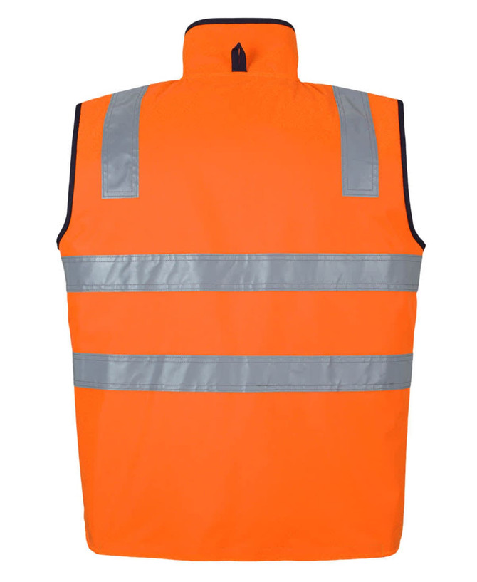 An orange safety vest featuring reflective strips and a high collar. It has a logo on the back.