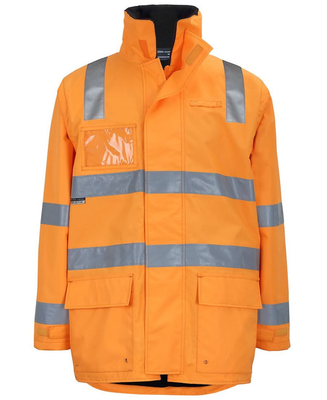 Orange work jacket featuring reflective strips and a zip-off sleeve design. Includes pockets and a logo.