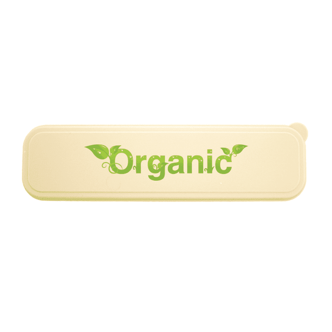 A rectangular cream-coloured container features the word "Organic" in green with leaf accents. It has a logo.