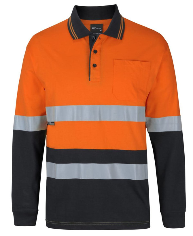An orange and black long-sleeve polo shirt with reflective stripes and a pocket, featuring a logo on the side.