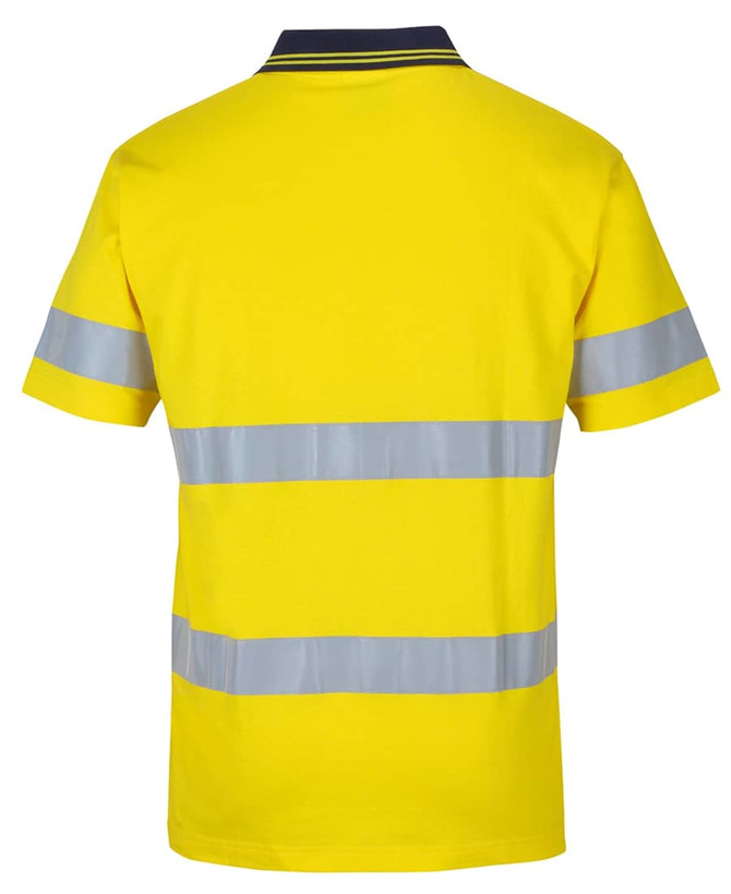 A high-visibility yellow polo shirt with reflective stripes on the back, featuring a dark collar and short sleeves.