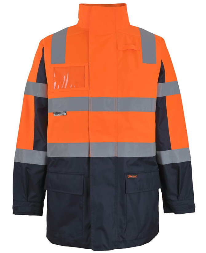 An orange and navy work jacket featuring reflective strips and a clear pocket, designed for visibility and safety.