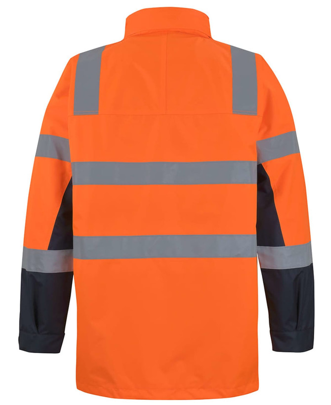 A high-visibility orange jacket with reflective grey stripes, featuring a black section on the sleeves and a collar.