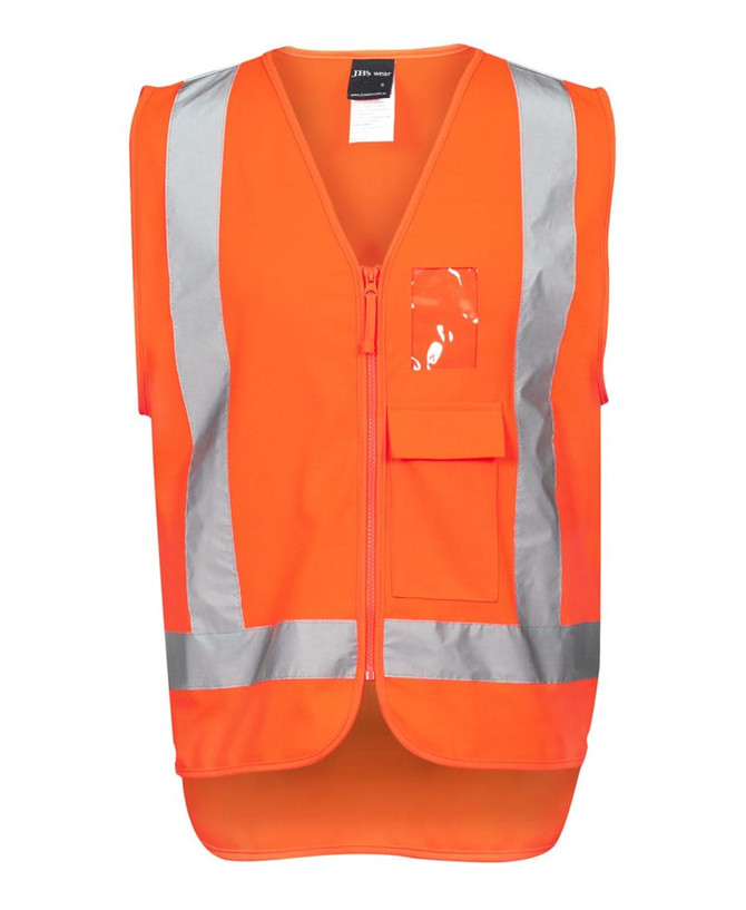 An orange work vest with reflective stripes and a front pocket, featuring a clear identification slot.