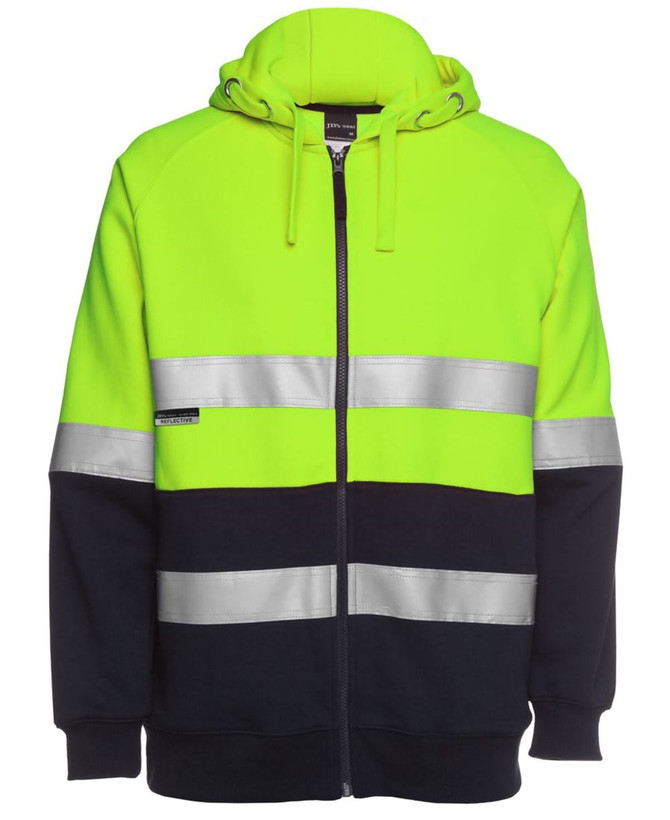 A bright yellow and navy full zip hoodie featuring reflective strips and a hood. It has a logo on the front.