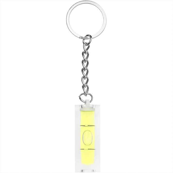 A yellow leveller key chain with a clear rectangular body and a silver chain attachment.