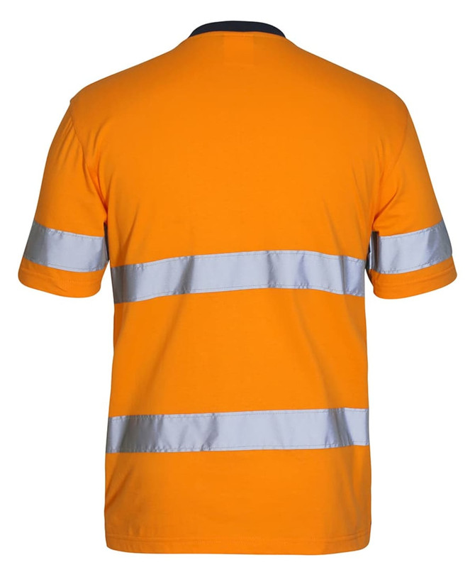 An orange work T-shirt featuring reflective stripes and a branding logo on the back.