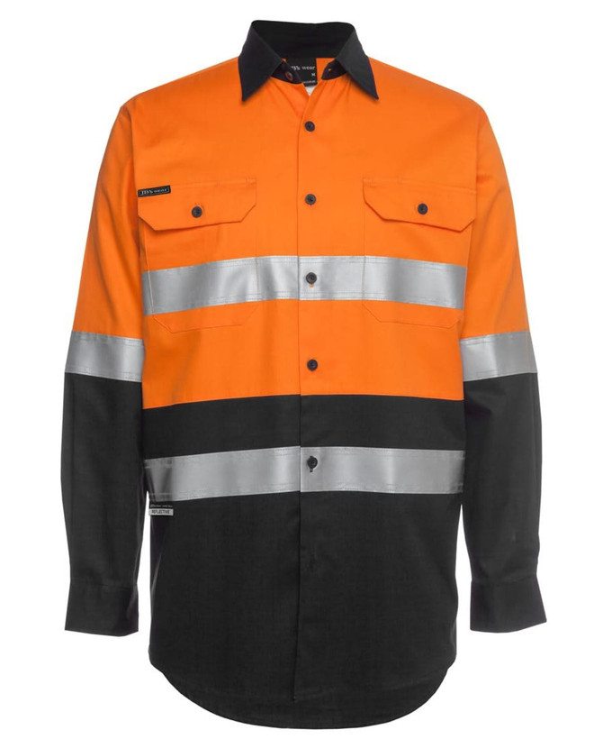 An orange and black long-sleeve work shirt with reflective strips and a logo. Features two chest pockets and buttons.