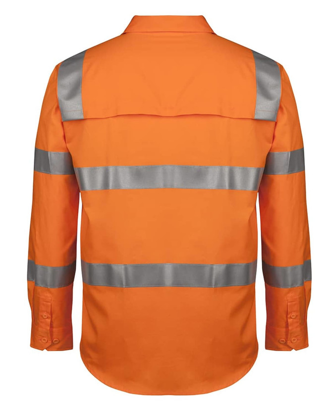 An orange long-sleeve work shirt featuring reflective silver stripes and a back yoke design. The shirt has a logo.