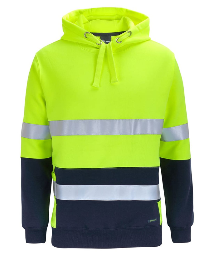 A high-visibility hoodie in bright yellow and navy, featuring reflective strips and a drawstring hood.