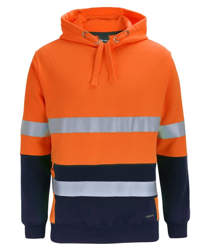 An orange and navy pull over hoodie featuring reflective stripes and a hood. It has a logo on the front.