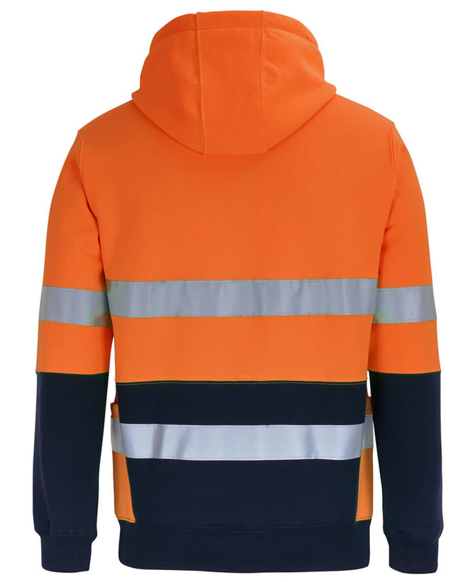 An orange and navy work hoodie featuring reflective stripes and a hood, with branding on the garment.