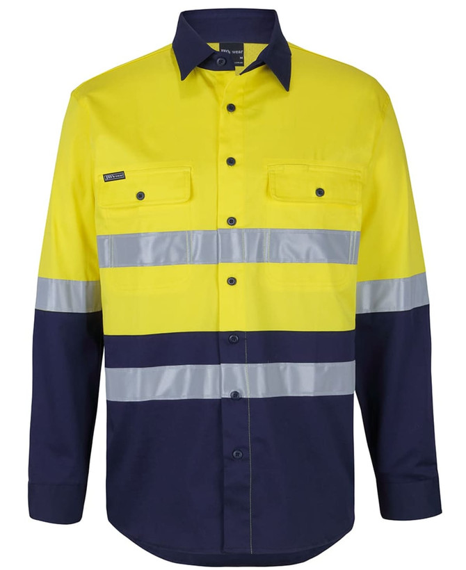 A long-sleeve work shirt in high visibility yellow and navy, featuring reflective tape and a logo on the chest.