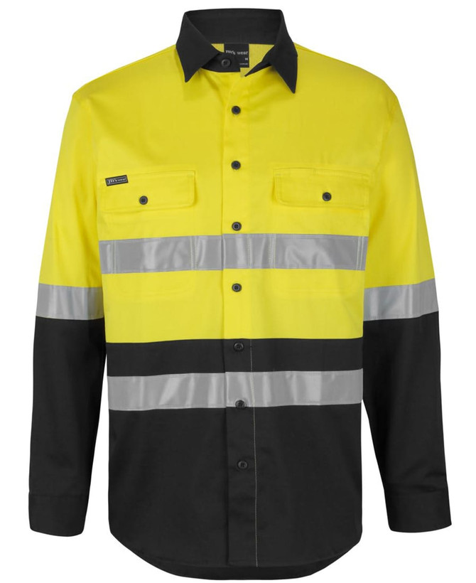 A long-sleeve work shirt in bright yellow and black, featuring reflective stripes and two chest pockets. It has a logo.