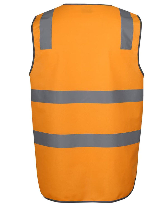 An orange safety vest featuring reflective grey stripes and a branding logo.