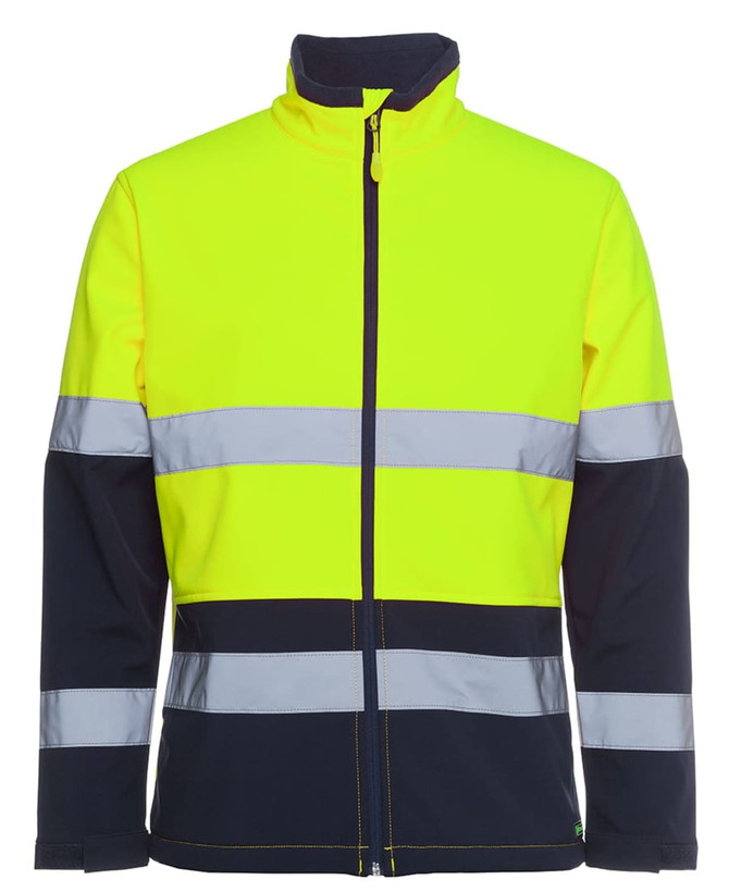 A high-visibility jacket in bright yellow and navy, featuring reflective stripes and a zippered front.